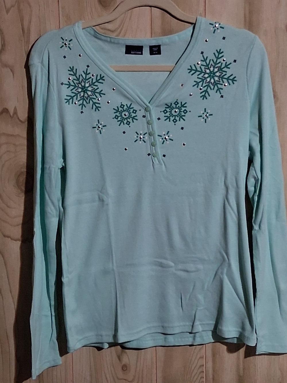 Mint Snowflake Henley Long Sleeve Top